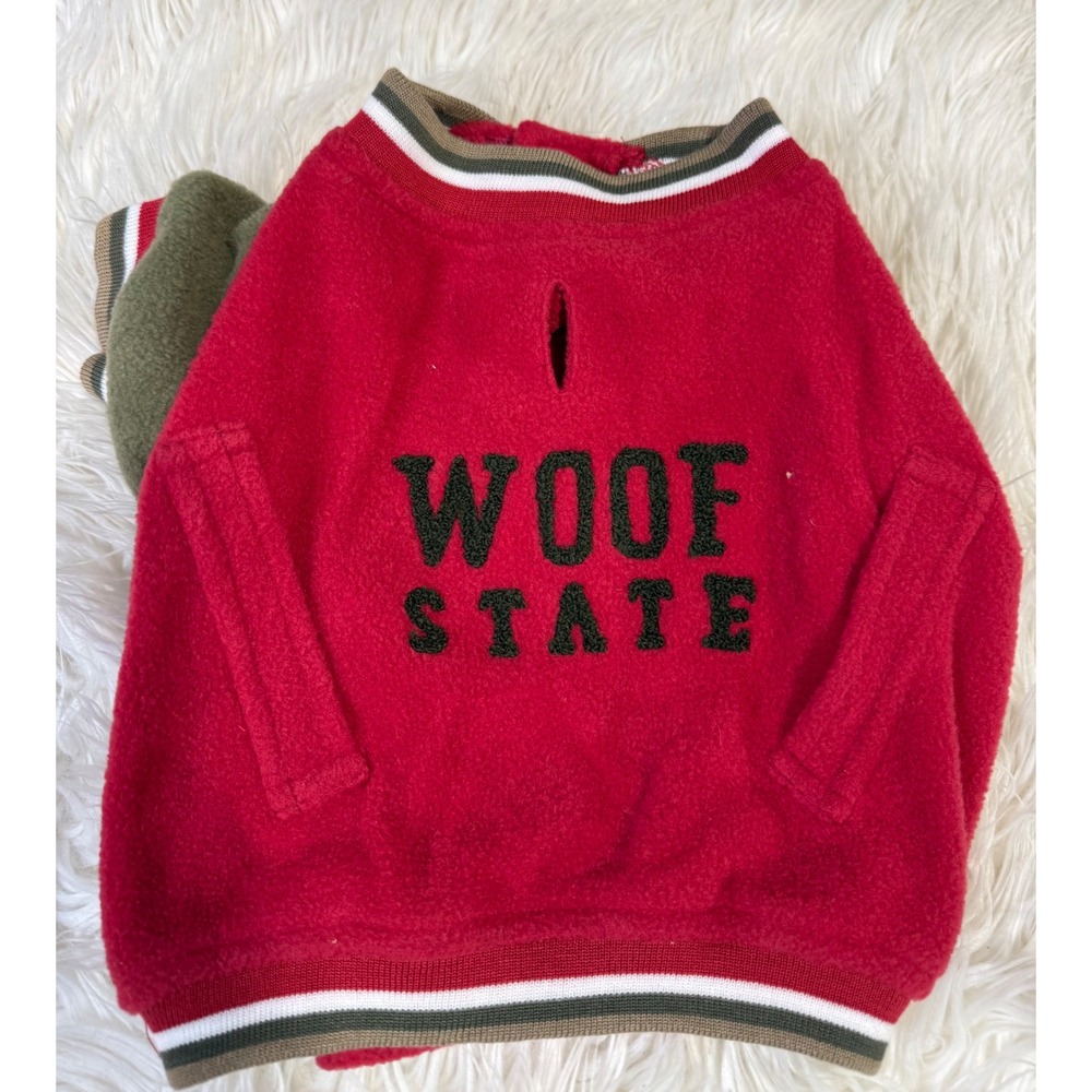 Red Woof State Fleece Dog Sweater Varsity Collegiate Style Pet Jacket Small
